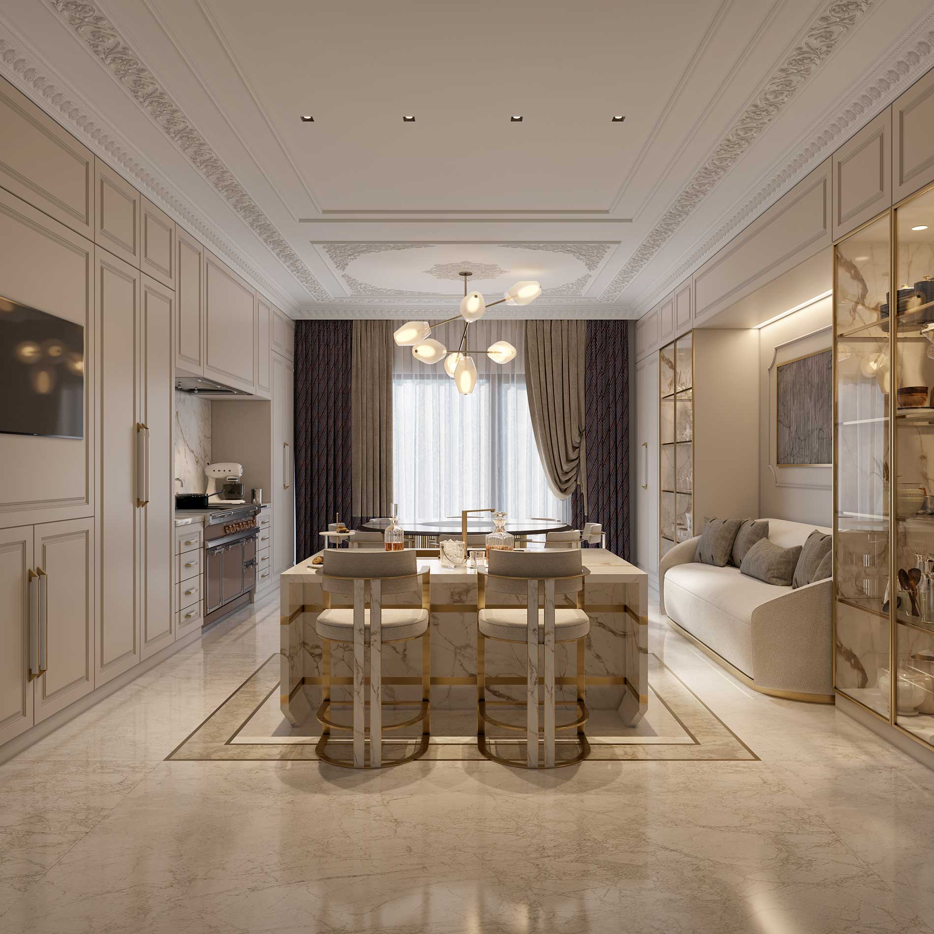 Bespoke Kitchen island in Calacatta Vagli marble, Berkeley Square Project in London by Melchiorri Tailored Homes designed by Sauro Melchiorri - Spaces designed with Italian taste and crafted with Italian mastery - A mix of bespoke creations with timeless elegance in Mayfair