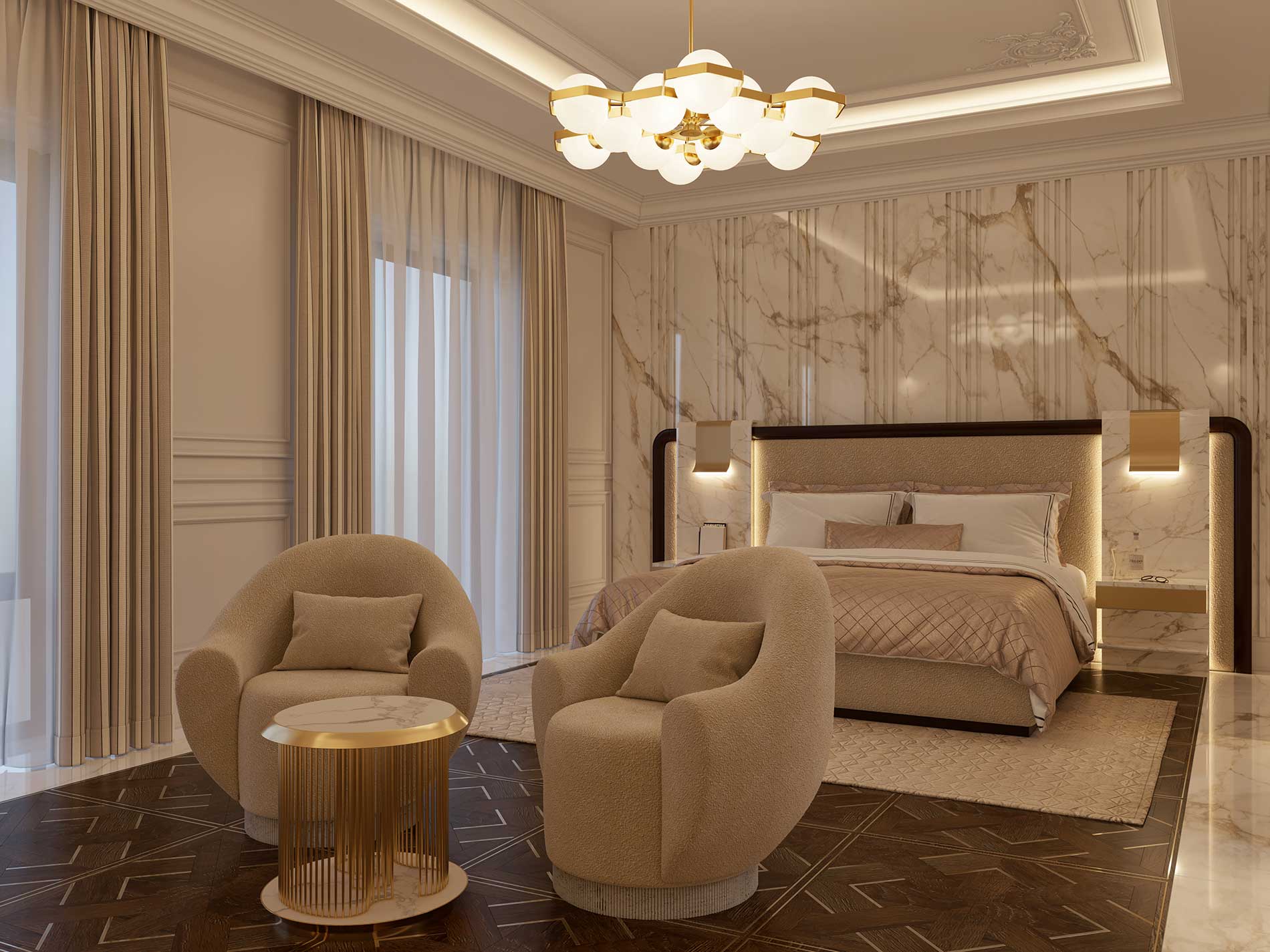 Bespoke Bedroom in Calacatta Vagli marble, Berkeley Square Project in London by Melchiorri Tailored Homes designed by Sauro Melchiorri - Spaces designed with Italian taste and crafted with Italian mastery - Tailored interiors and curated home design in London.