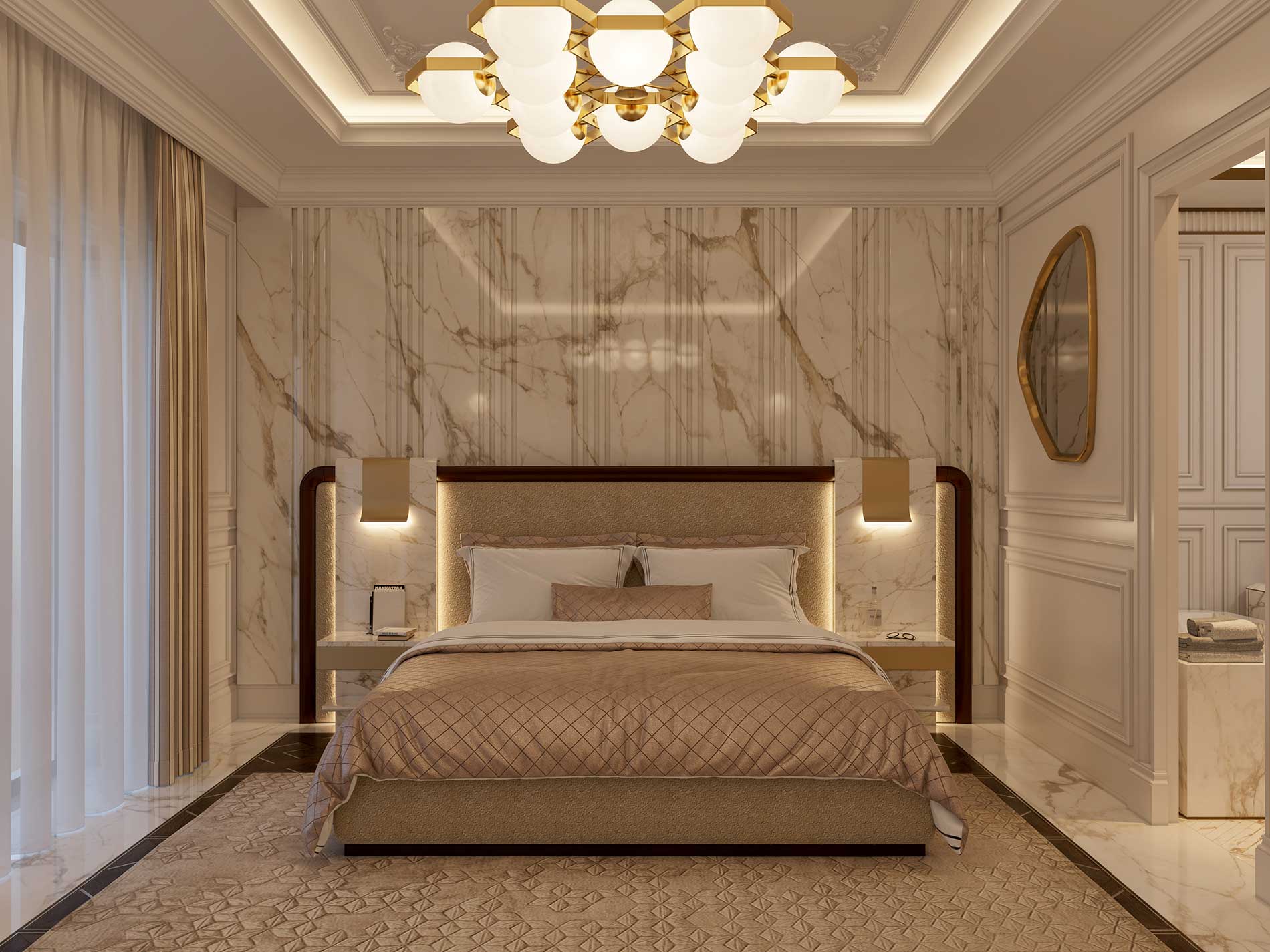 Bespoke Bedroom in Calacatta Vagli marble, Berkeley Square Project in London by Melchiorri Tailored Homes designed by Sauro Melchiorri - Spaces designed with Italian taste and crafted with Italian mastery - Tailored interiors and curated home design in London.