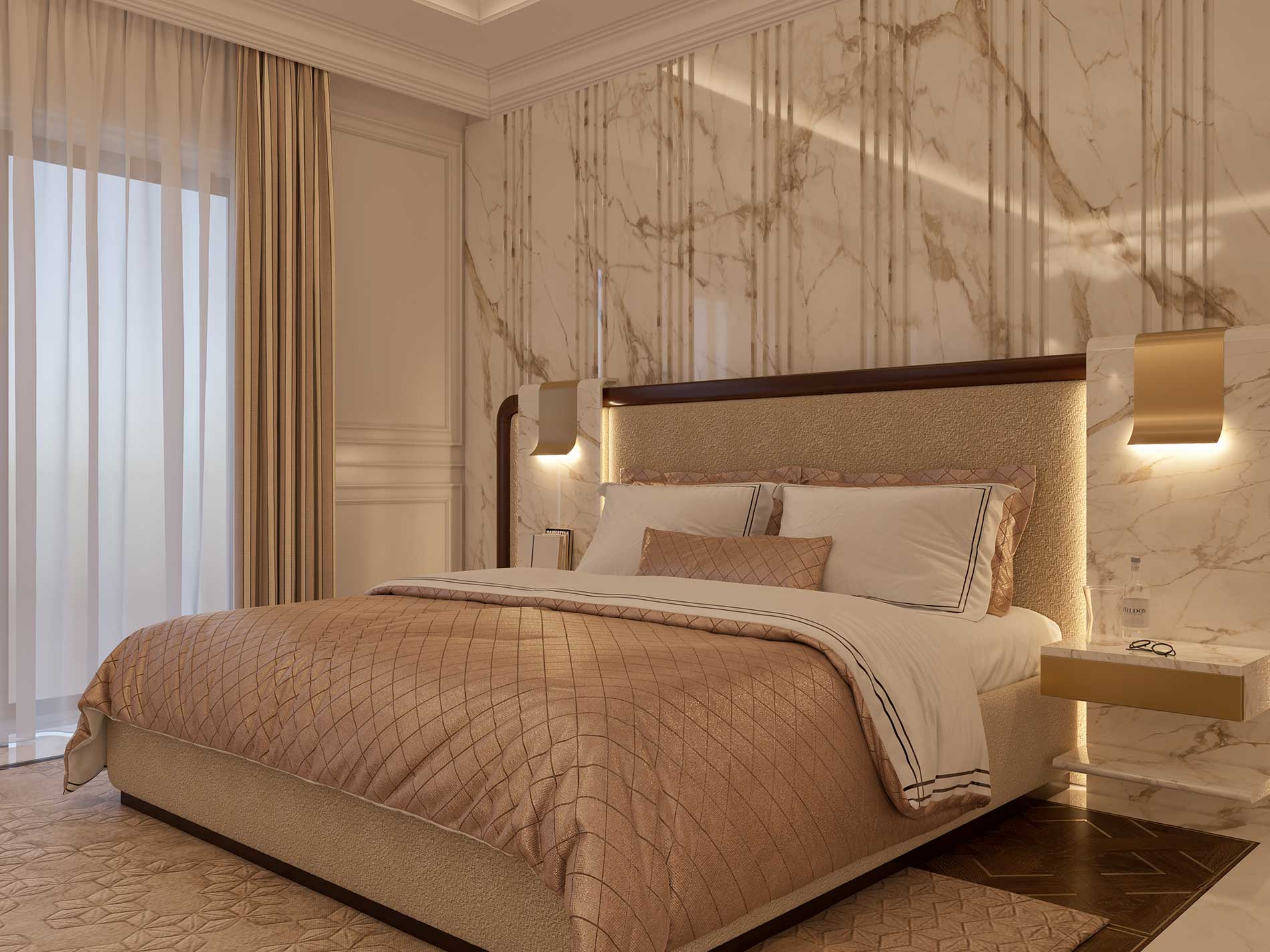 Bespoke Bedroom in Calacatta Vagli marble, Berkeley Square Project in London by Melchiorri Tailored Homes designed by Sauro Melchiorri - Spaces designed with Italian taste and crafted with Italian mastery - Tailored interiors and curated home design in London.